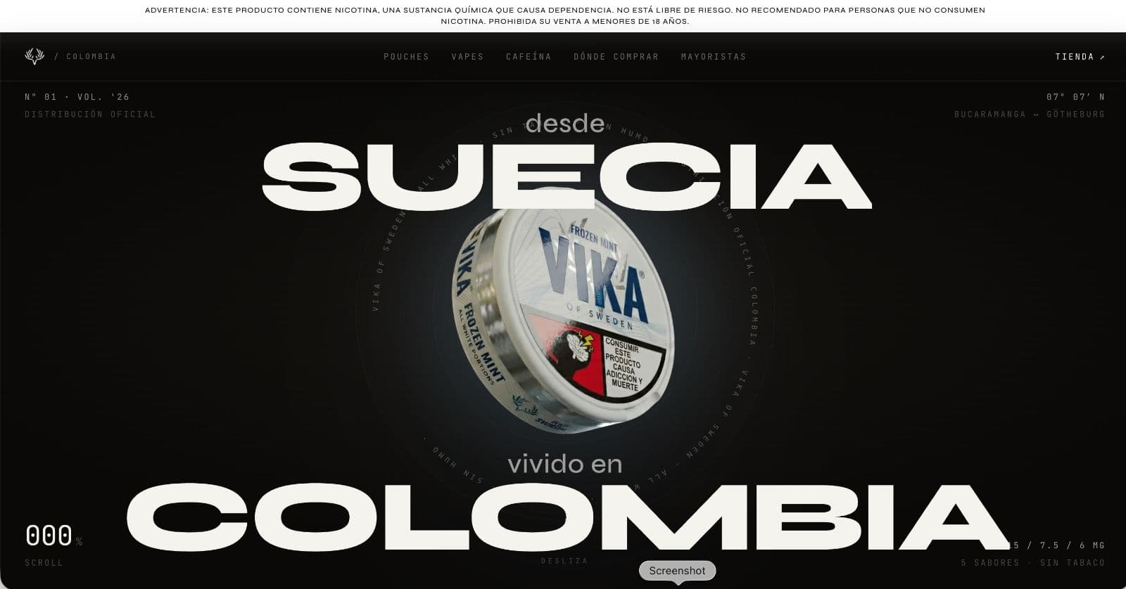 VIKA home page with the mandatory health warning as the top band of the layout