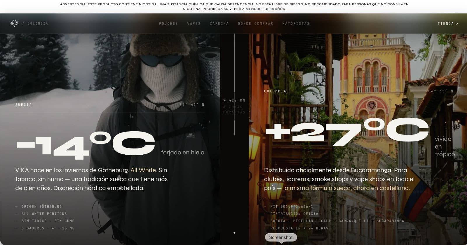 VIKA origin story page contrasting Swedish cold and Colombian heat
